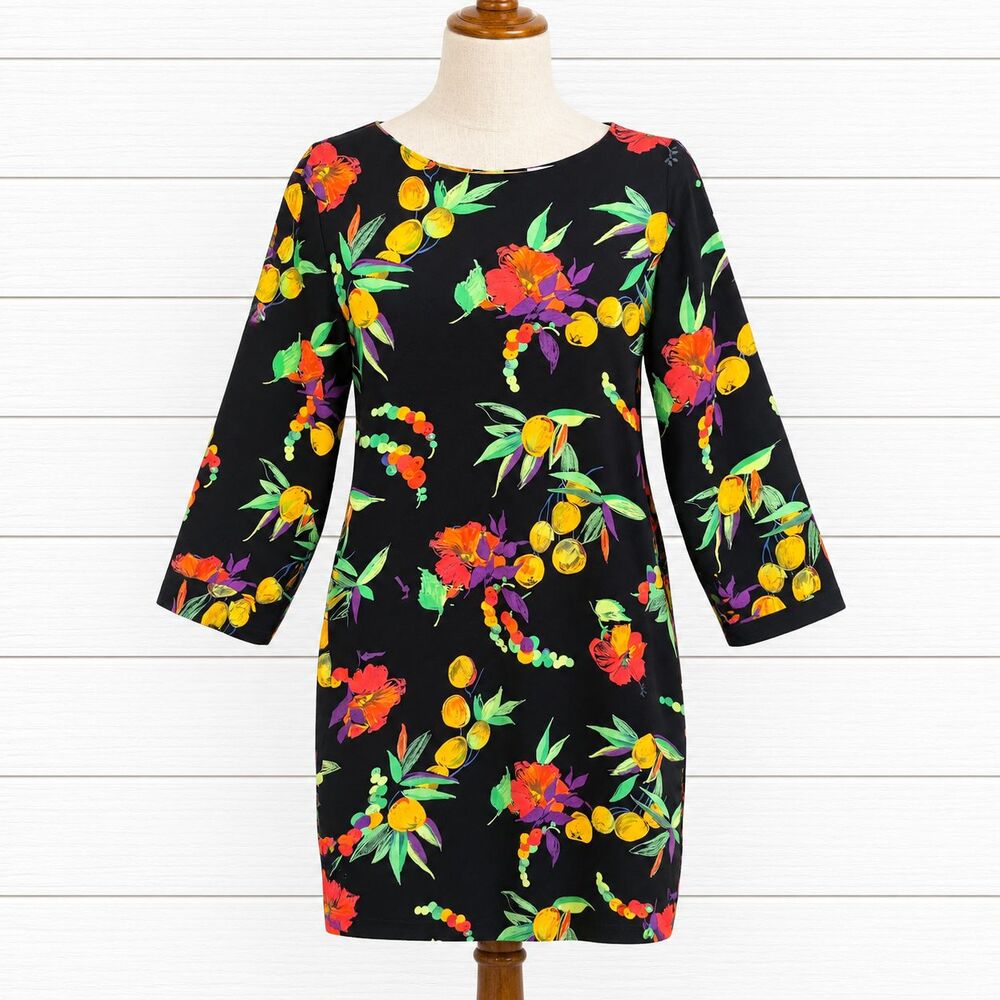 VTG 80s Pat Argenti Black Inspired Fruit Dress SZ 8 Rayon Covered Back Buttons